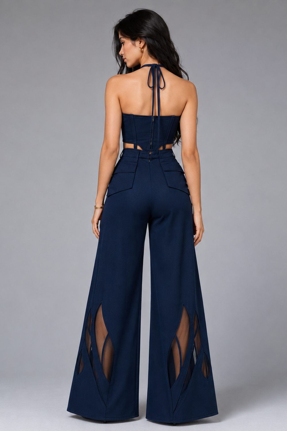 Navy Blue Zip Front Crop Top with Wide-Leg Mesh Panel Pants Co-Ord Set