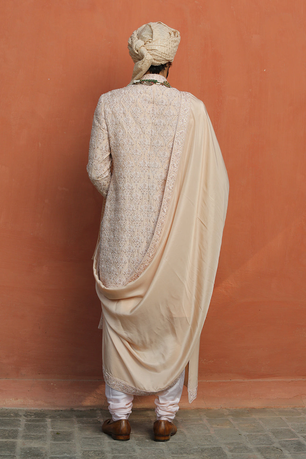 Nude Tafetta Silk Embroidered Sherwani With Kurta And Churidar
