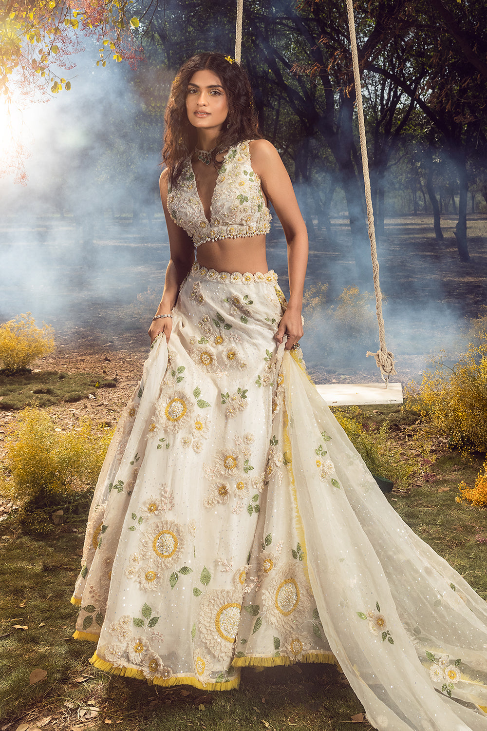 Off White 3D Lehenga Set
