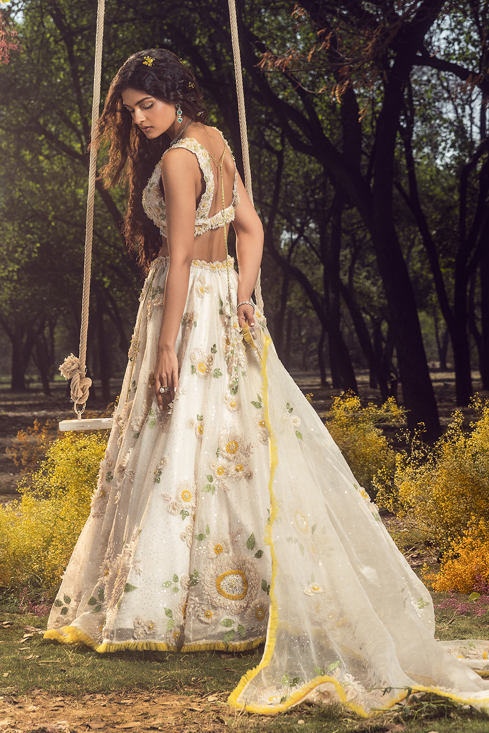 Off White 3D Lehenga Set