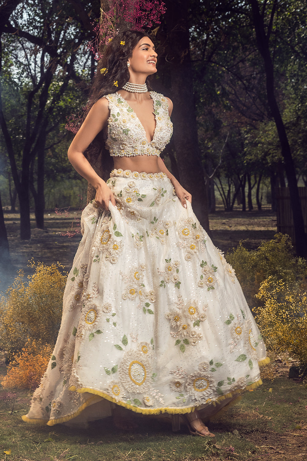Off White 3D Lehenga Set