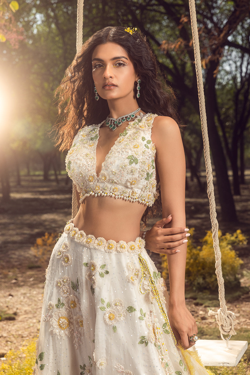 Off White 3D Lehenga Set