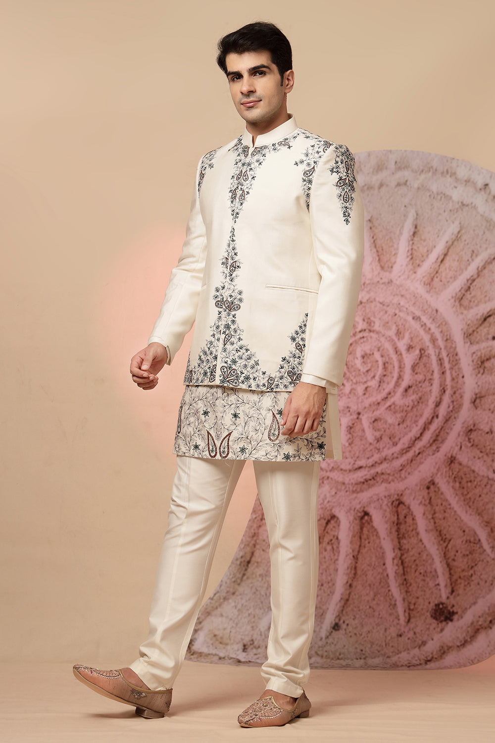 Off White Embroidered Sherwani With Designer Dupatta
