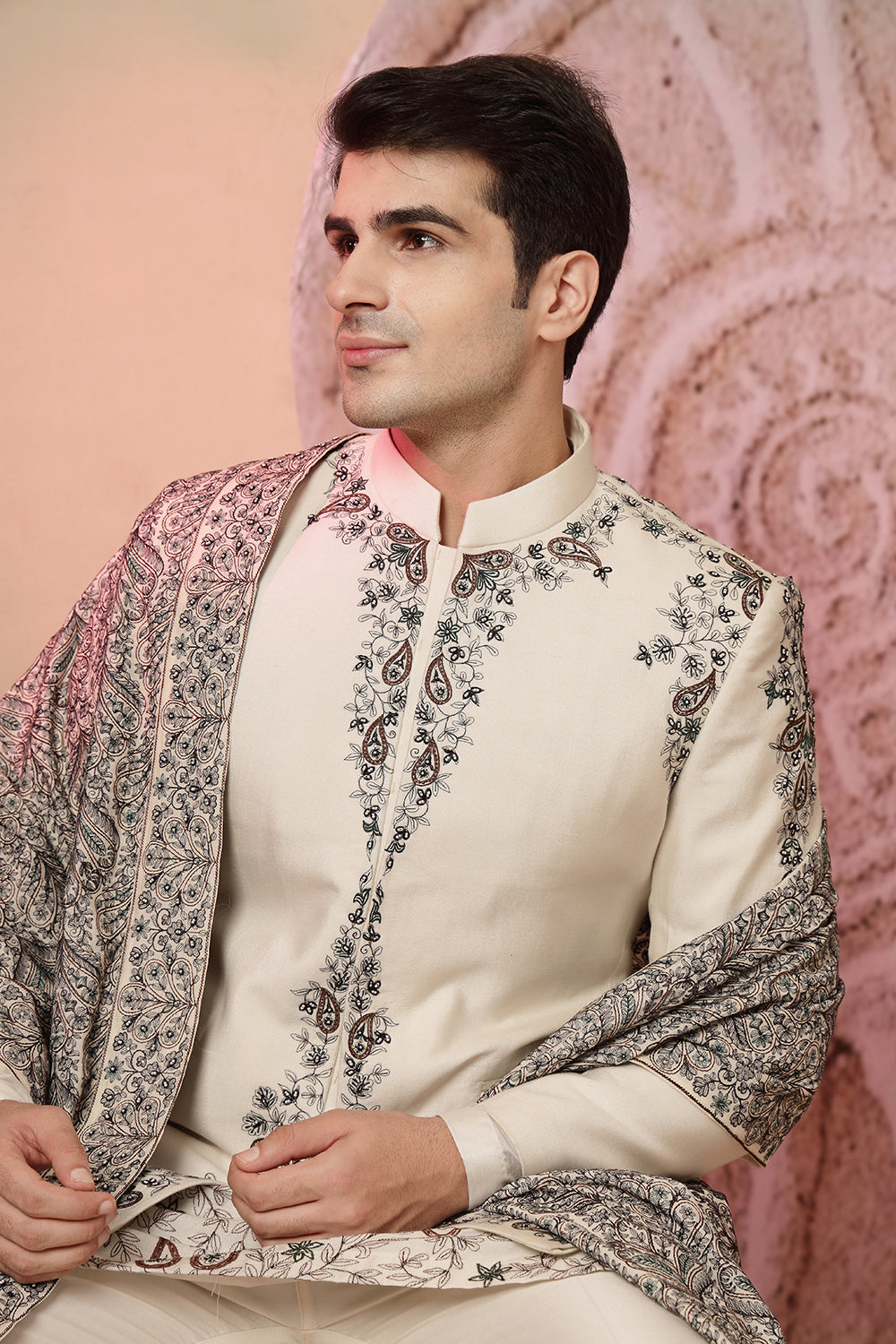 Off White Embroidered Sherwani With Designer Dupatta