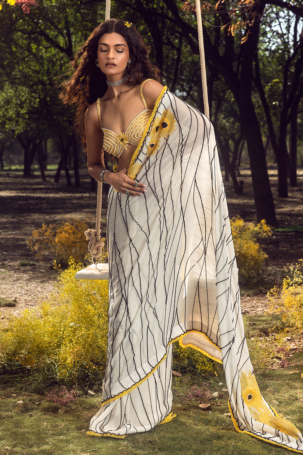 Off White Gorgette Sunflower Saree