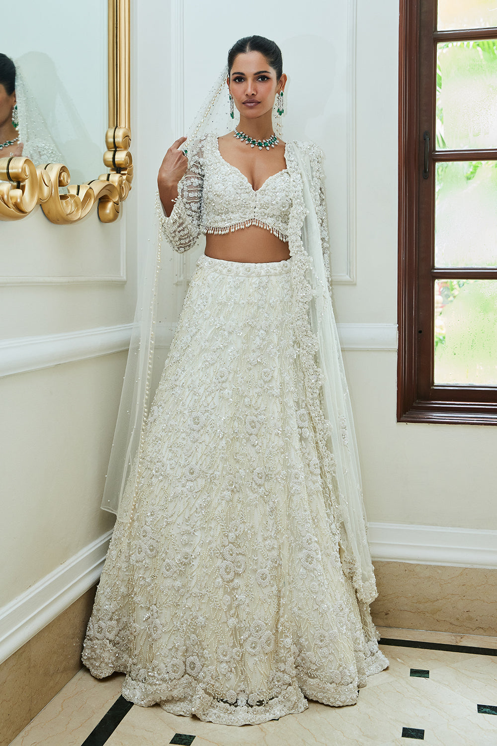 Off White Net Lehenga Choli and Dupatta