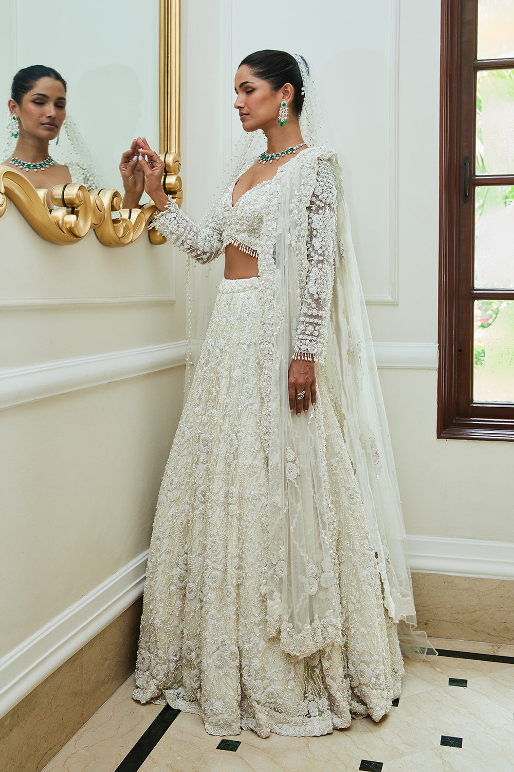 Off White Net Lehenga Choli and Dupatta