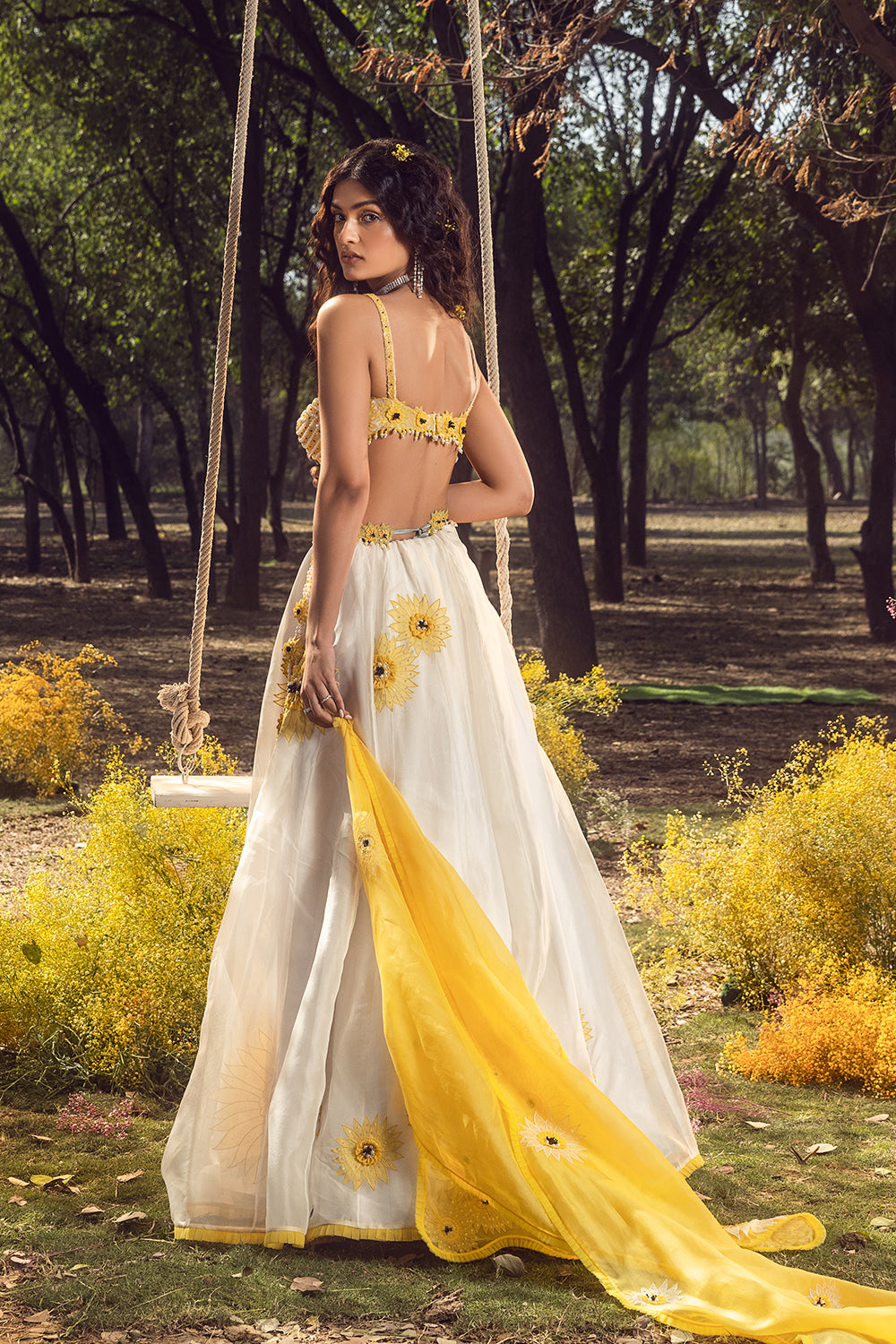 Off White Sunflower Lehenga Set With Belt