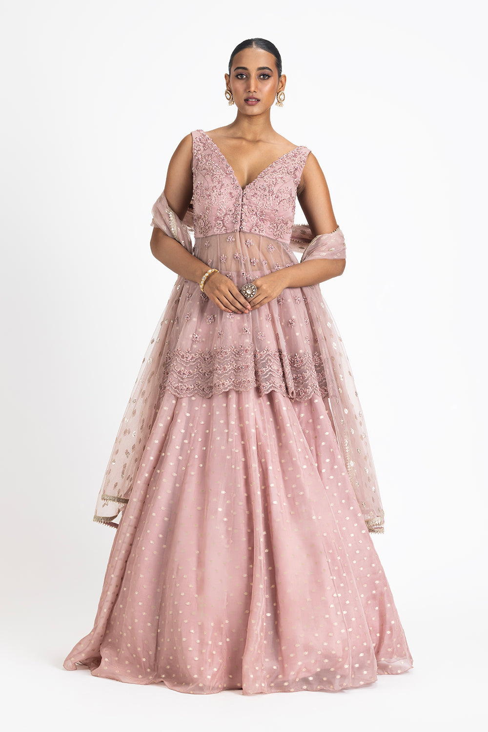 Old Rose Lehenga With Peplum And Dupatta