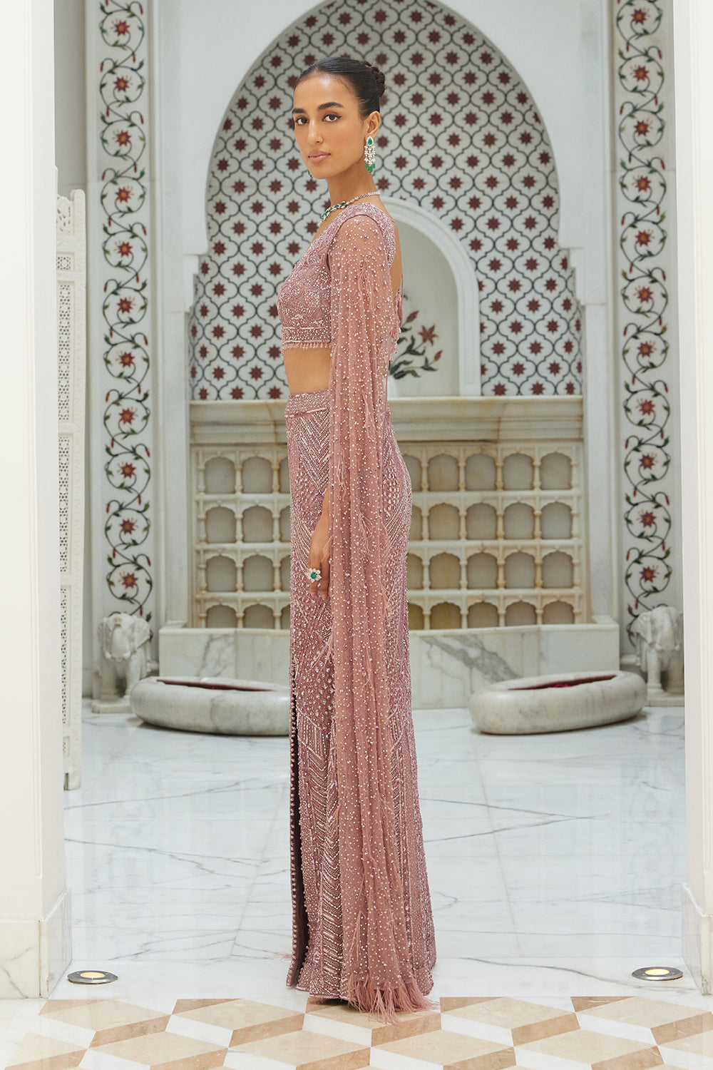 Old Rose Raw Silk Fistailed Skirt With A Front Slit With A Blouse