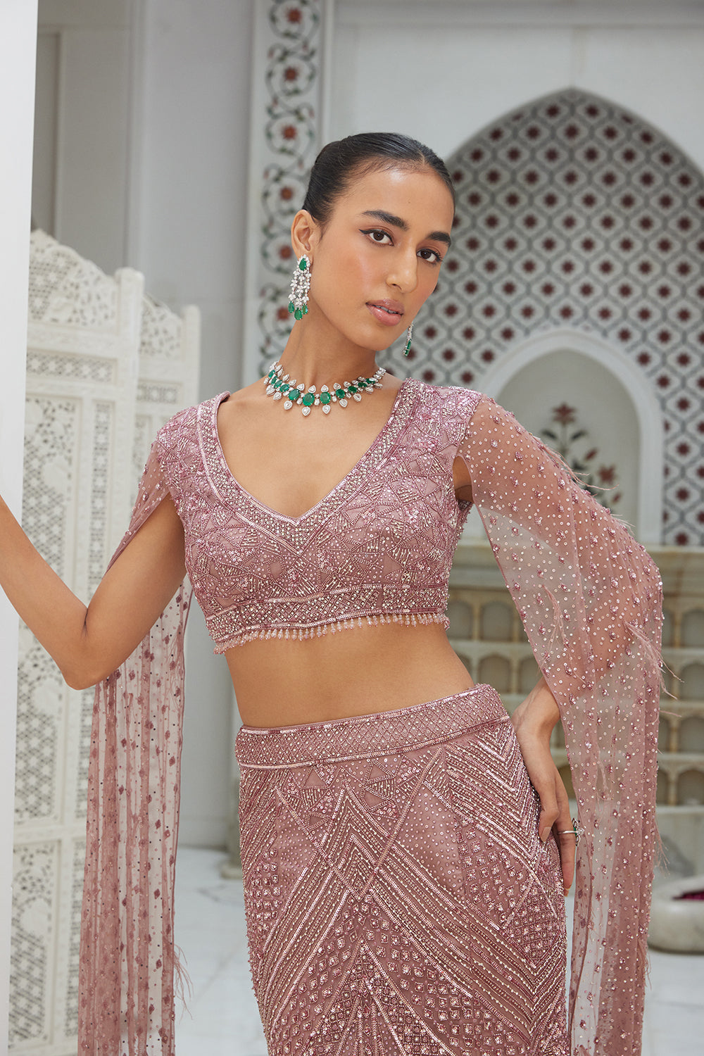 Old Rose Raw Silk Fistailed Skirt With A Front Slit With A Blouse