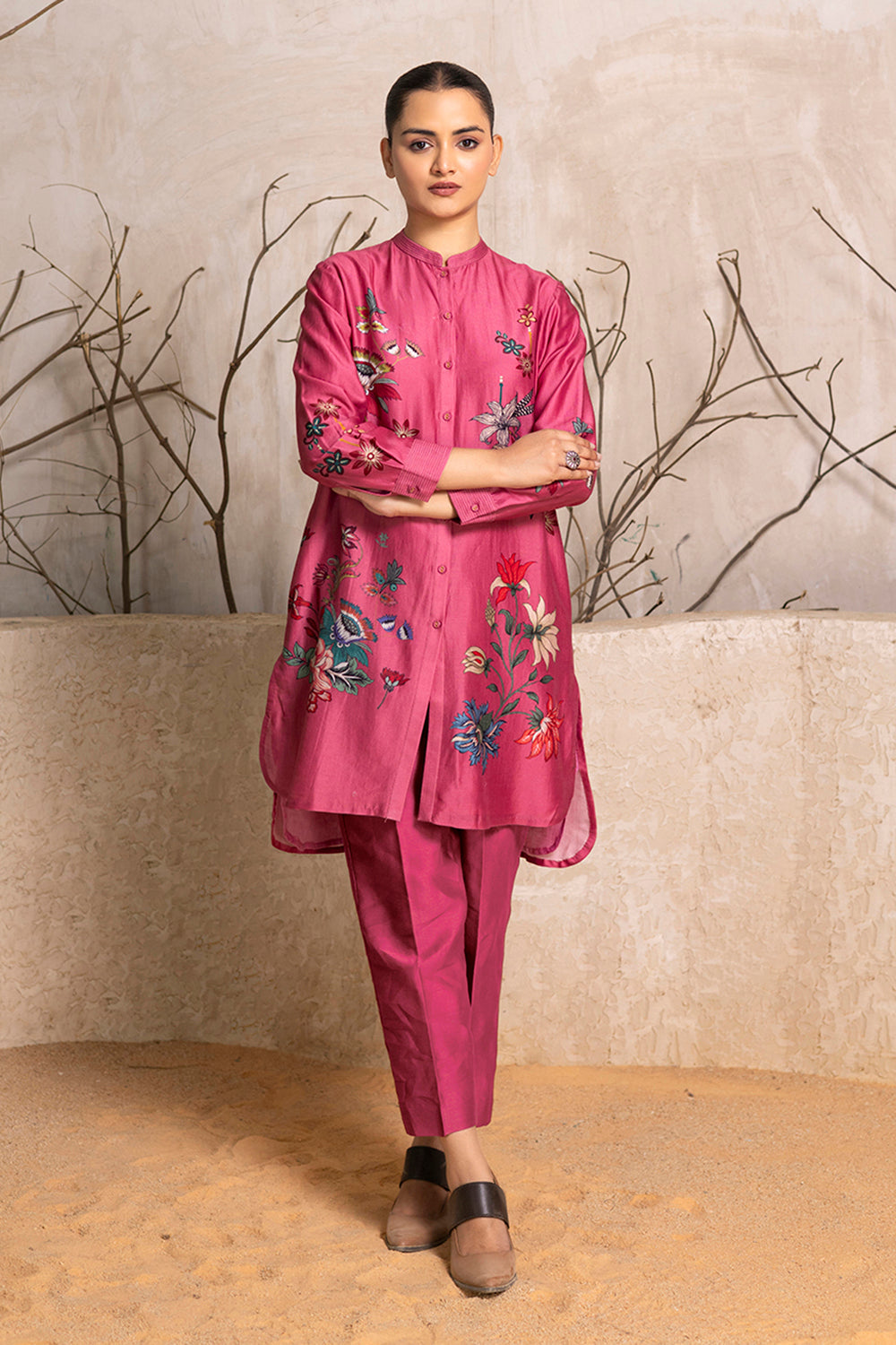 Old Rose Silk Chanderi Printed Shirt Style Tunic
