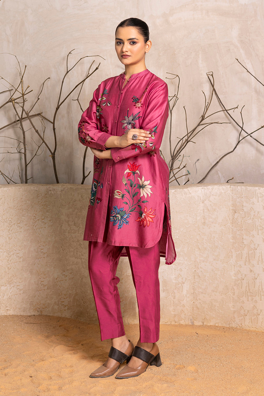 Old Rose Silk Chanderi Printed Shirt Style Tunic