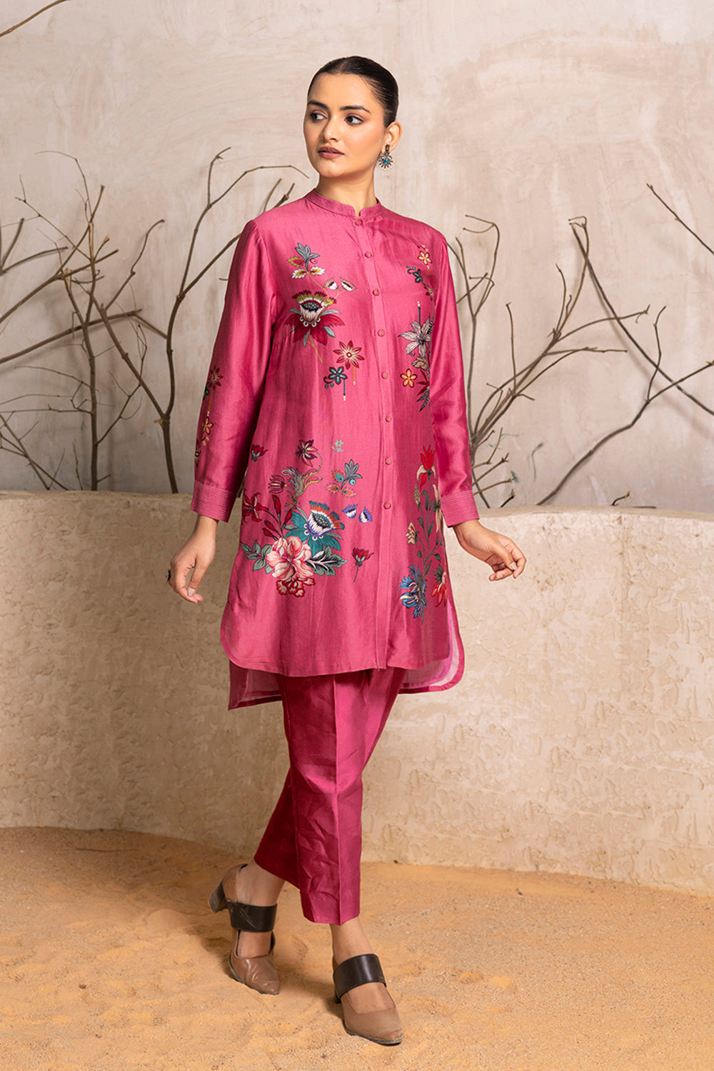 Old Rose Silk Chanderi Printed Shirt Style Tunic