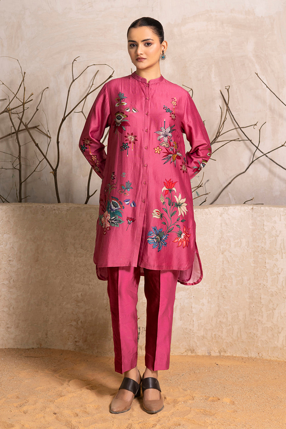 Old Rose Silk Chanderi Printed Shirt Style Tunic