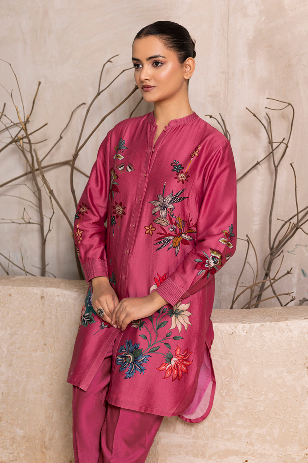 Old Rose Silk Chanderi Printed Shirt Style Tunic