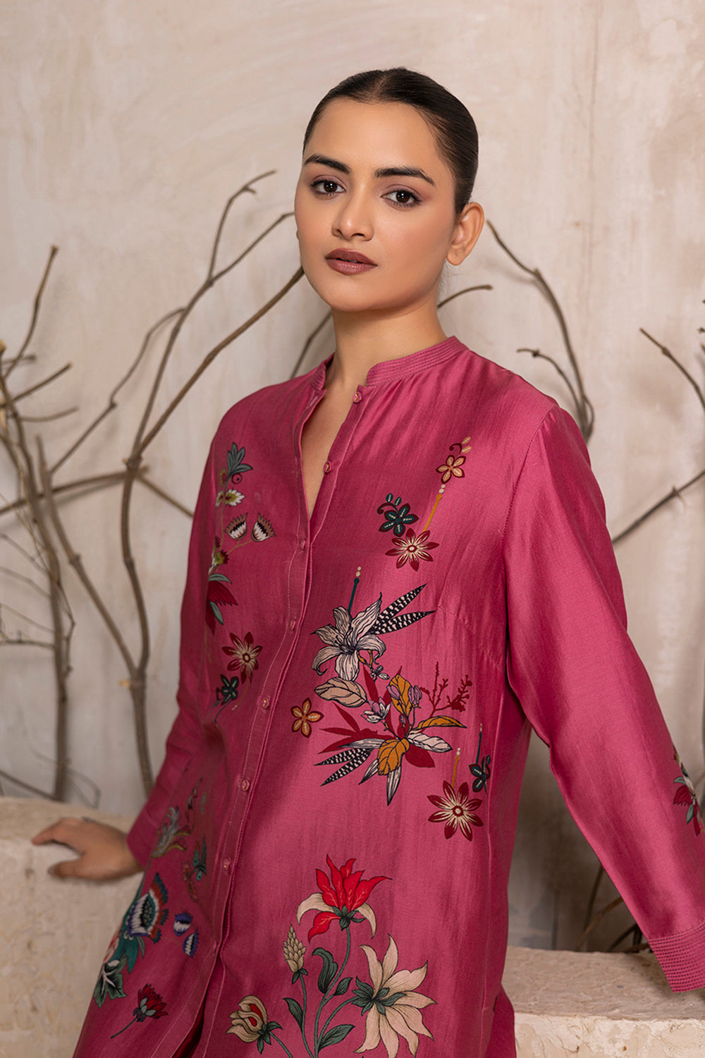 Old Rose Silk Chanderi Printed Shirt Style Tunic