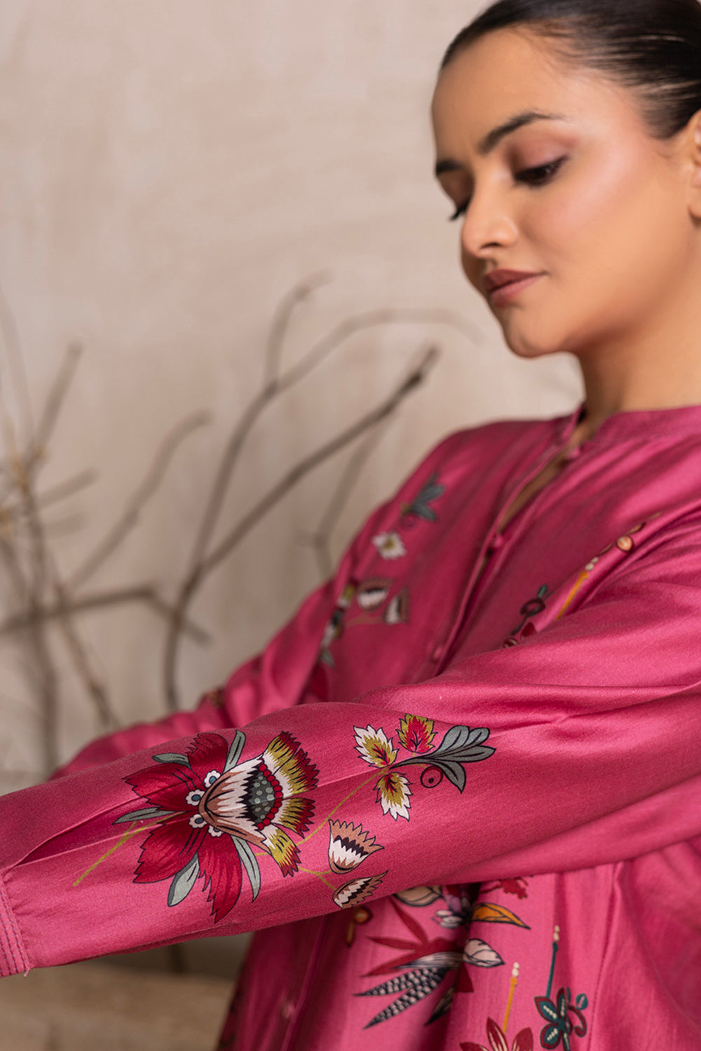 Old Rose Silk Chanderi Printed Shirt Style Tunic