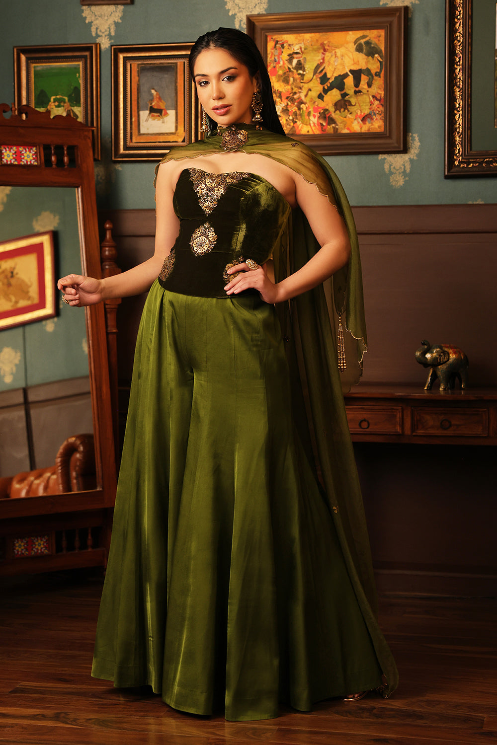 Olive Corset Sharara Set