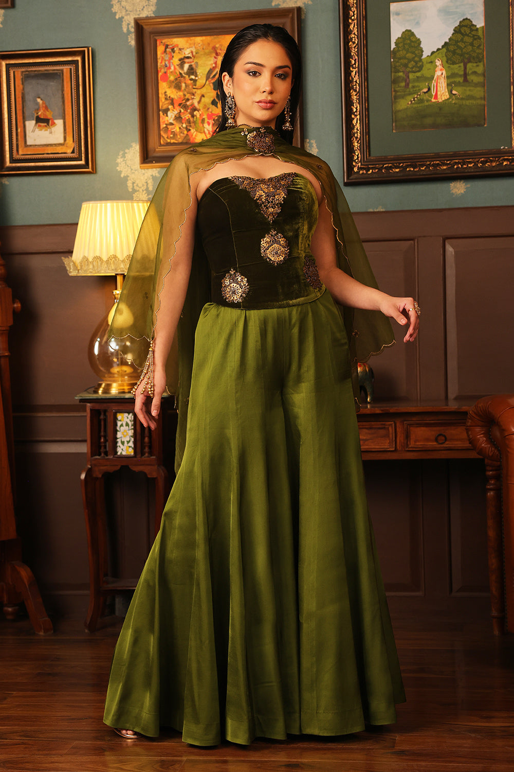 Olive Corset Sharara Set