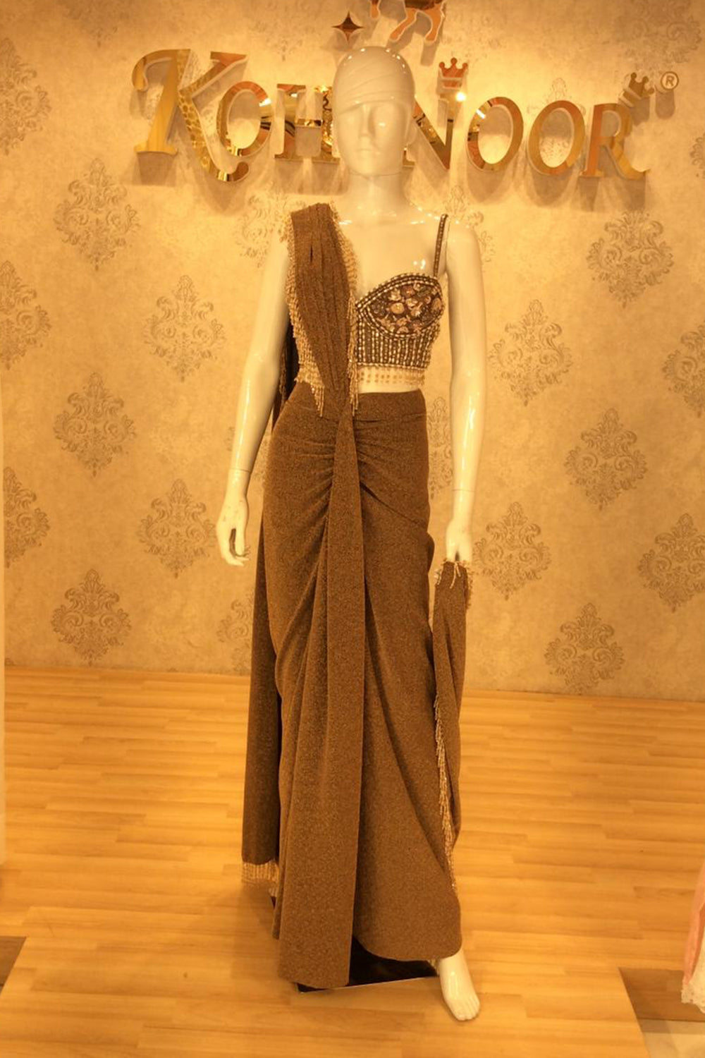 Olive Draped Saree Gown with Sequined Asymmetric Bustier