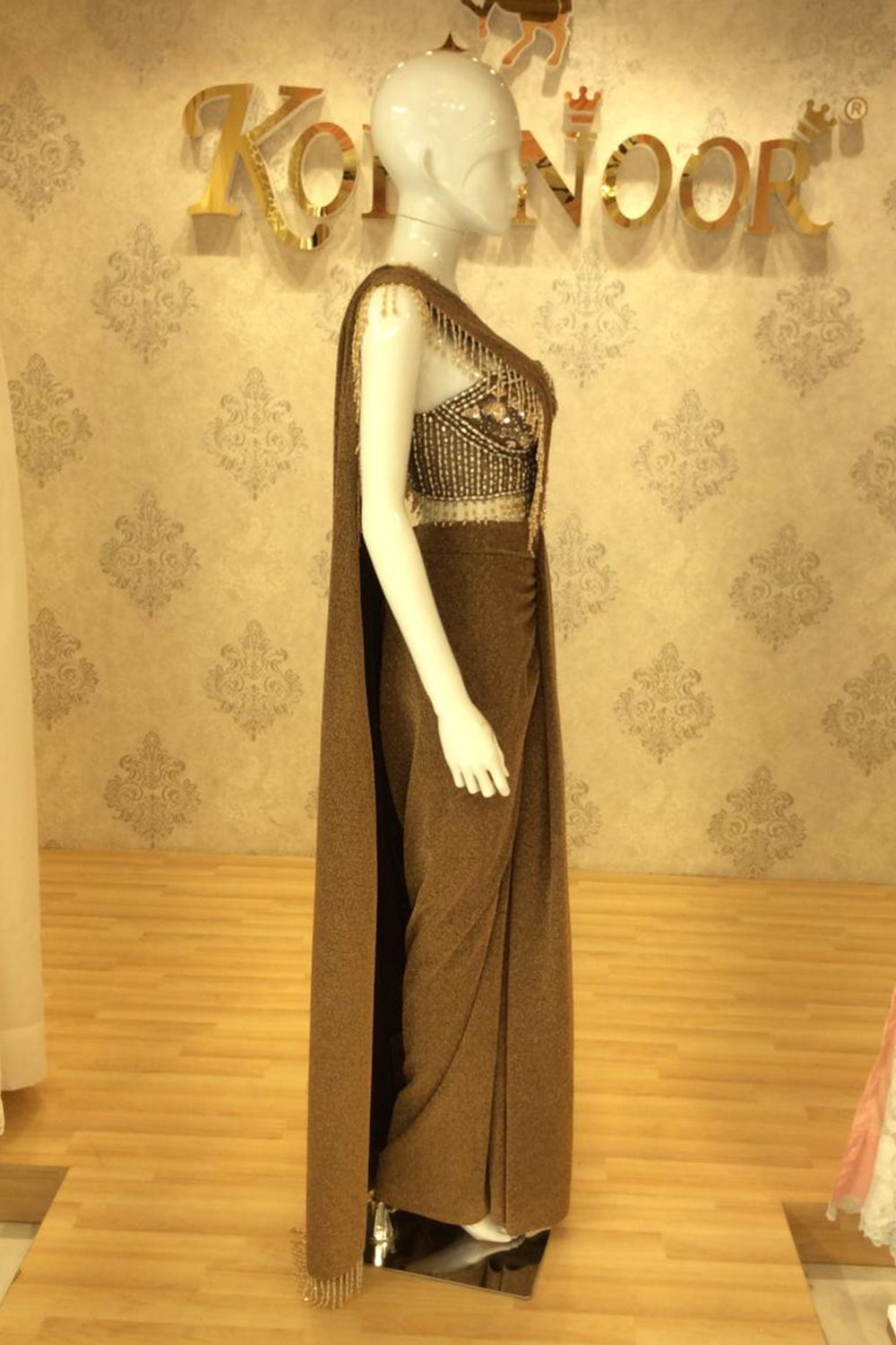 Olive Draped Saree Gown with Sequined Asymmetric Bustier