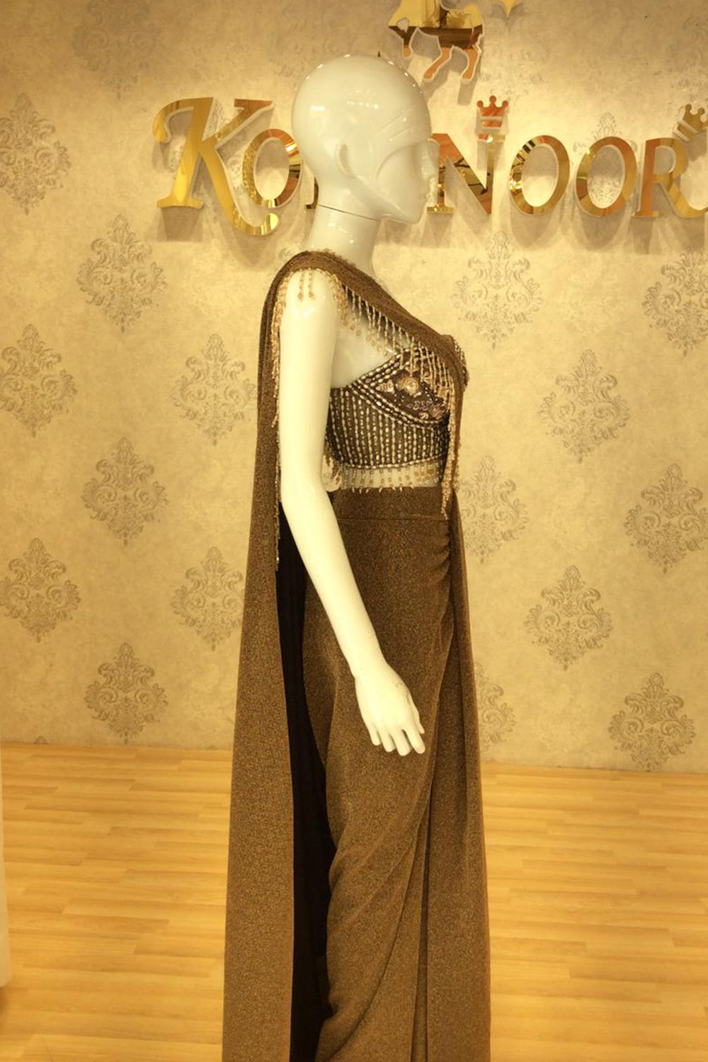 Olive Draped Saree Gown with Sequined Asymmetric Bustier