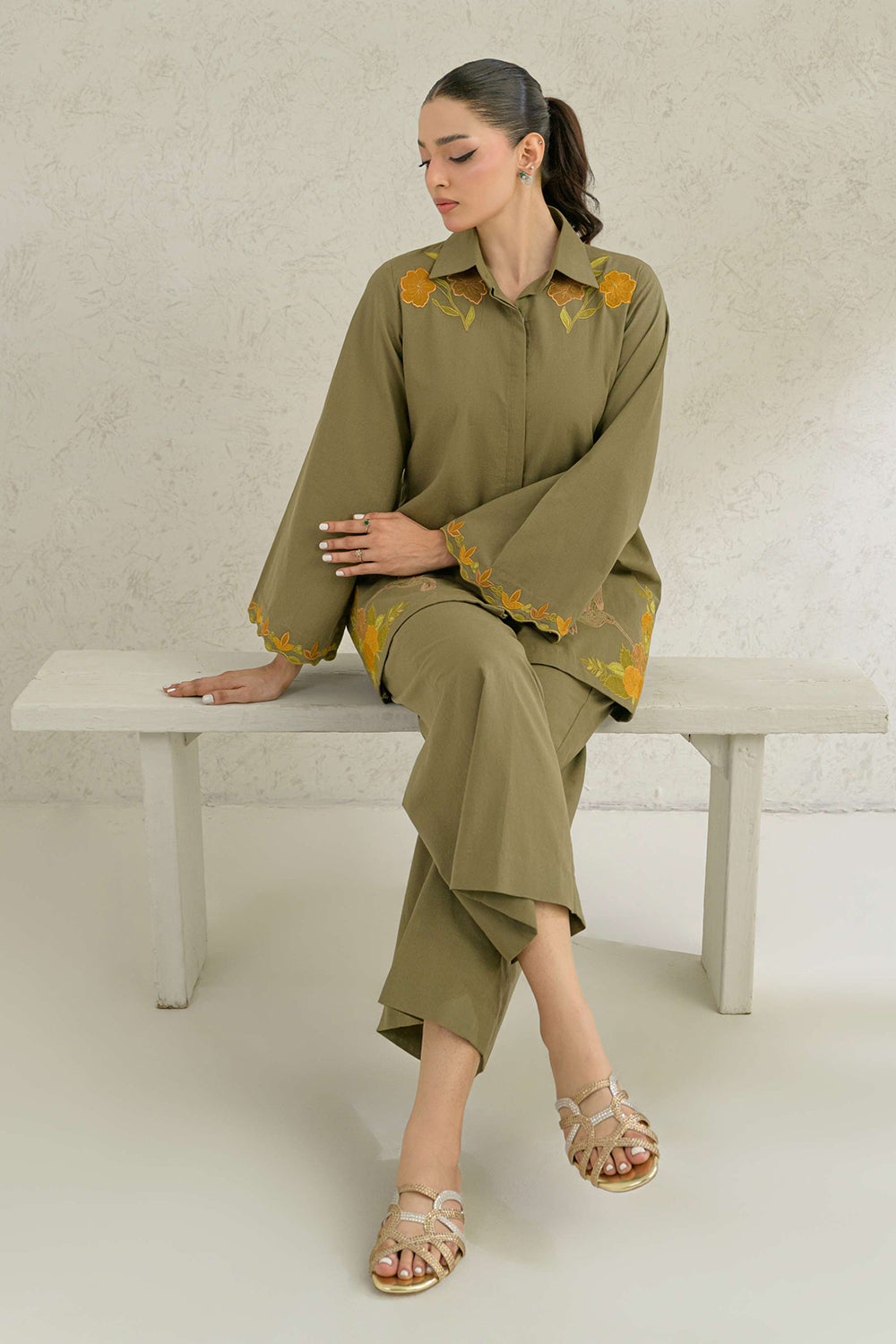Olive Embroidered Comfort Fit Co-Ord Set