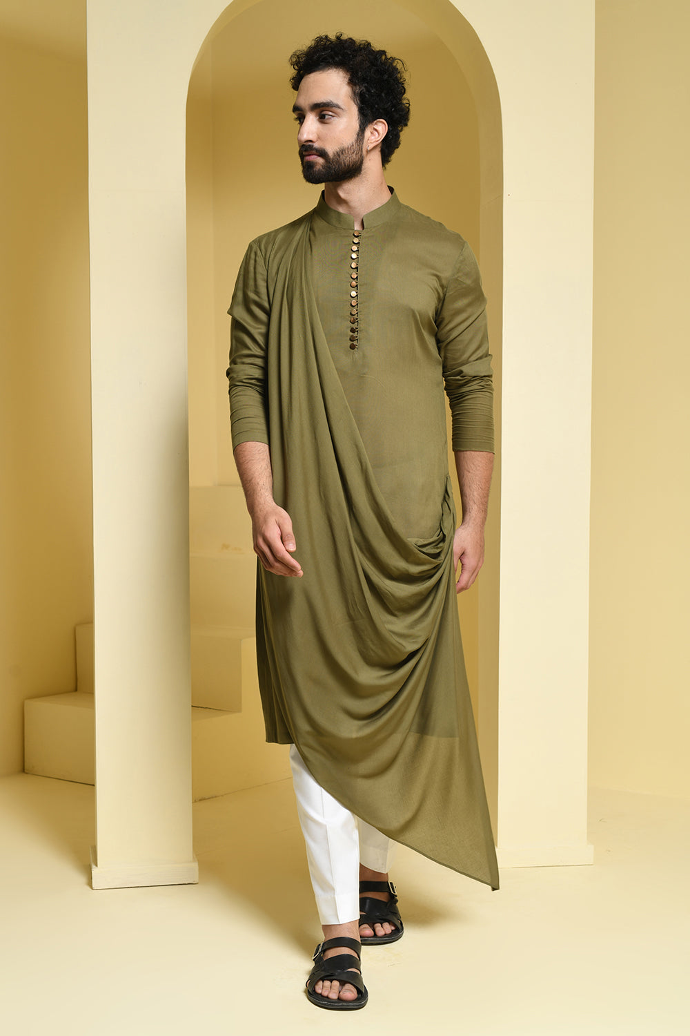 Olive green draped kurta pants