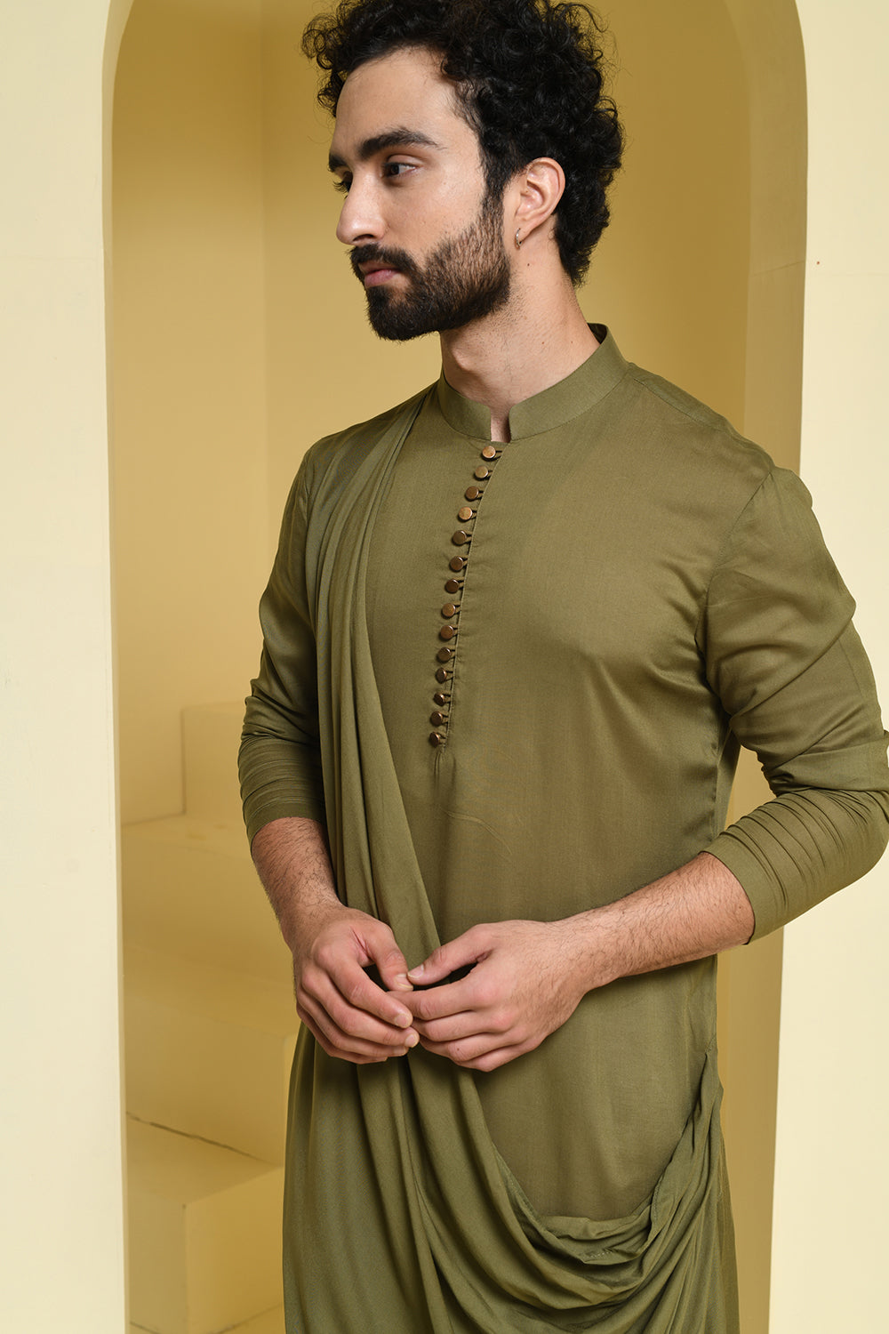 Olive green draped kurta pants