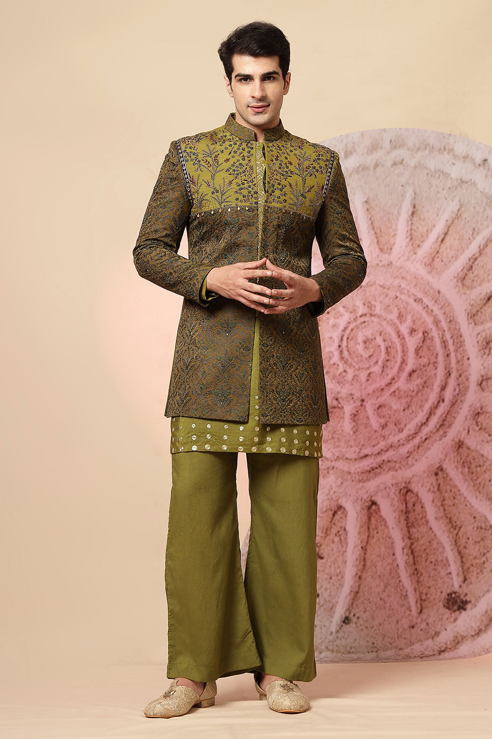 Olive Green Embroidered Indo-Western Kurta Set With Designer Jacket