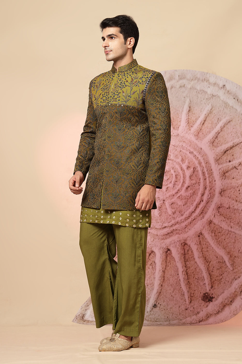 Olive Green Embroidered Indo-Western Kurta Set With Designer Jacket