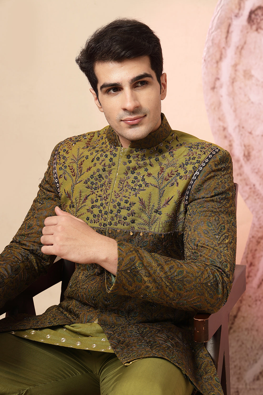 Olive Green Embroidered Indo-Western Kurta Set With Designer Jacket