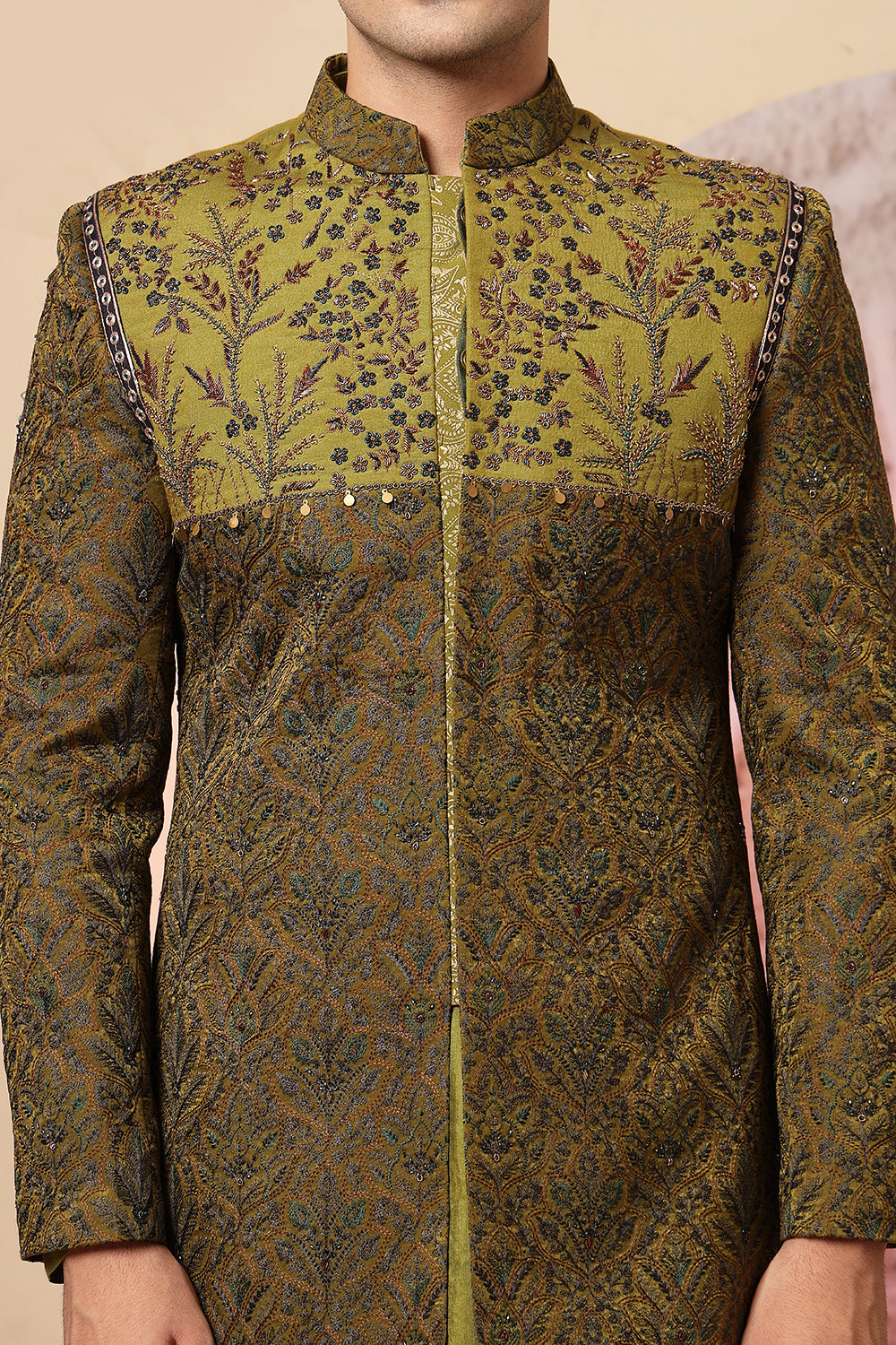 Olive Green Embroidered Indo-Western Kurta Set With Designer Jacket