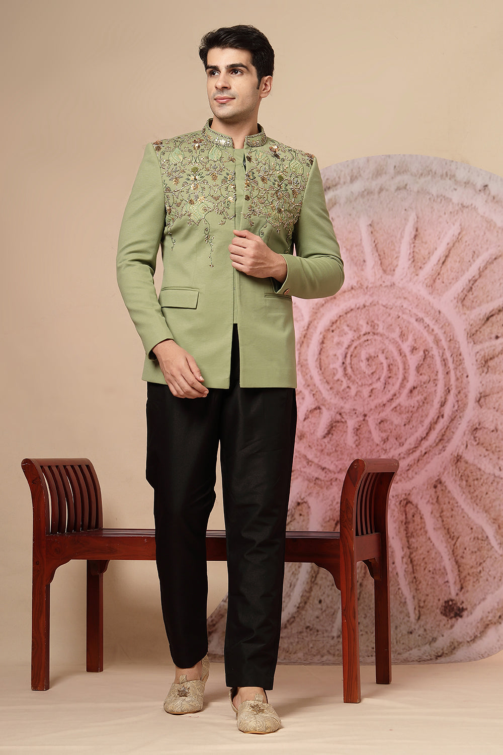 Olive Green Embroidered Jacket Set