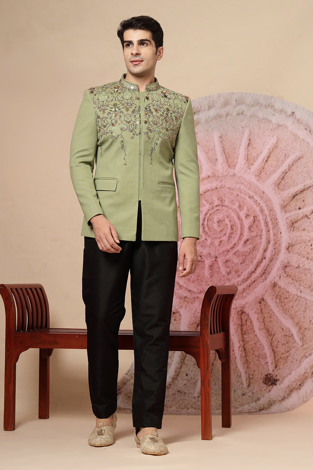 Olive Green Embroidered Jacket Set