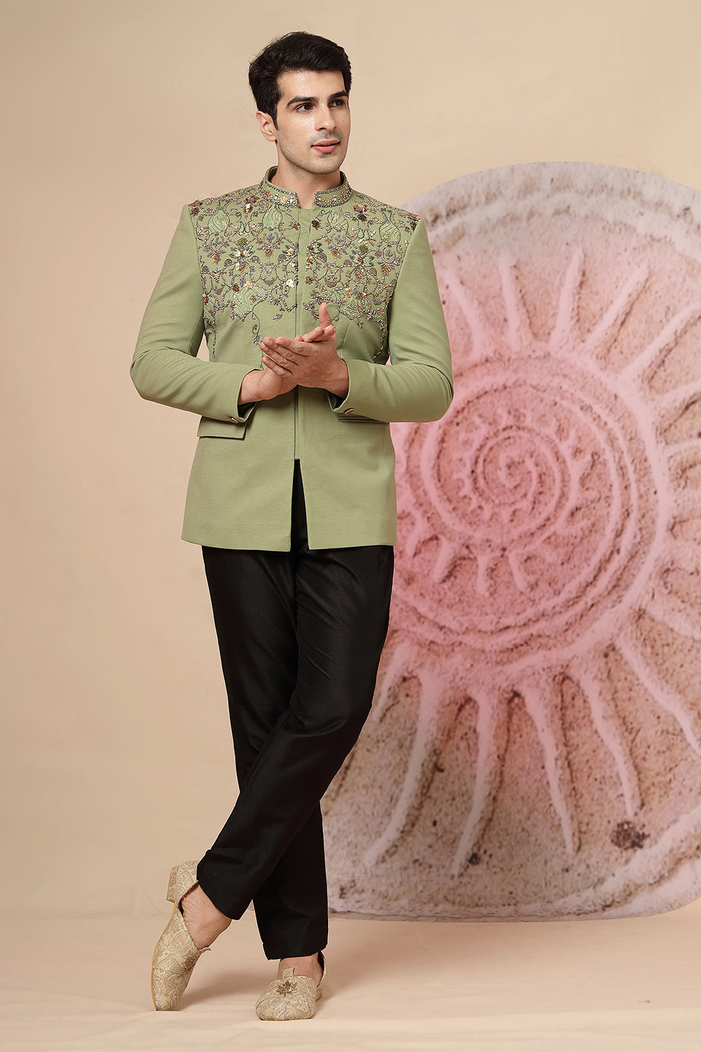 Olive Green Embroidered Jacket Set