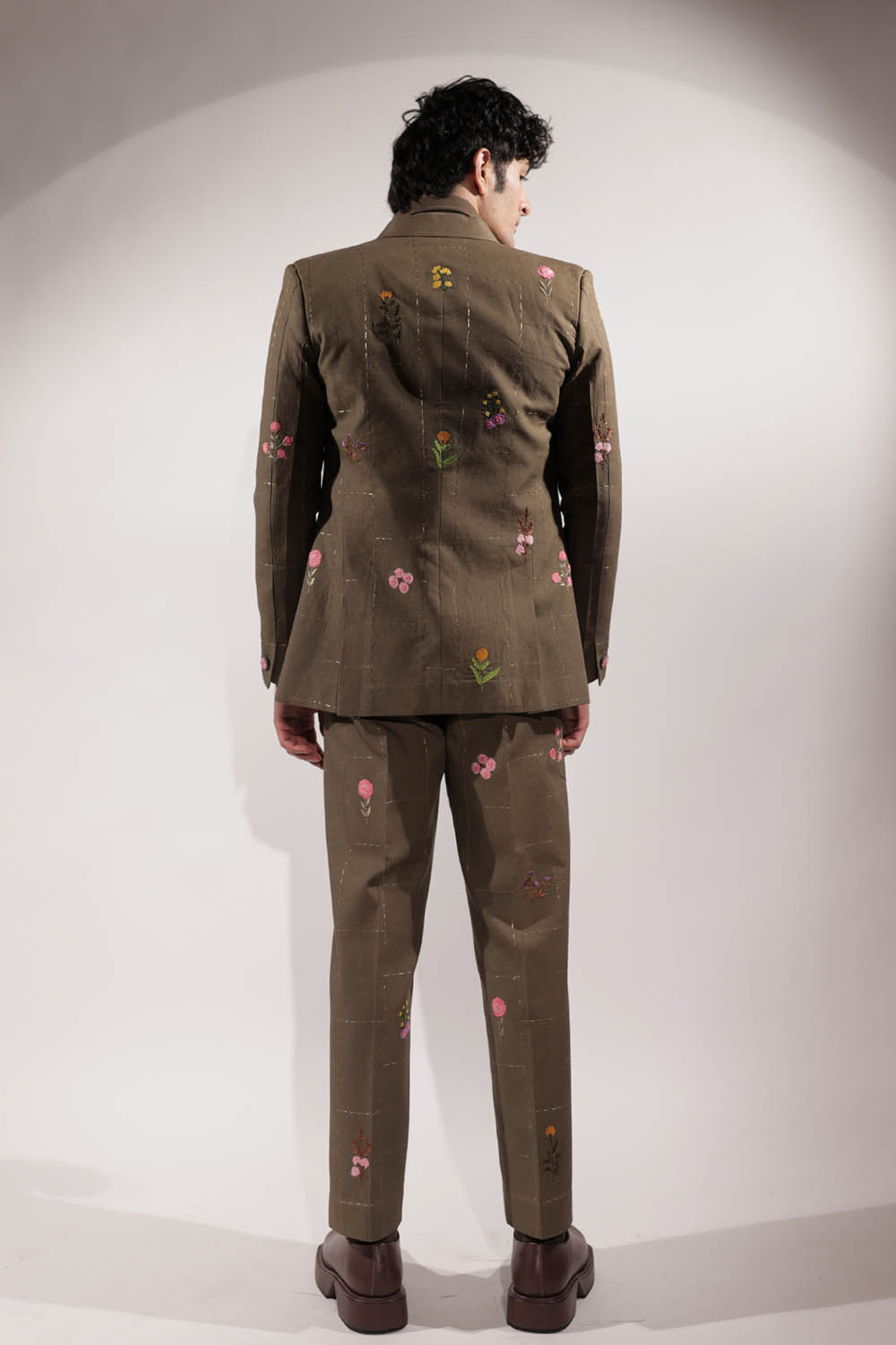 Olive Green Linen Blazer with floral embroidery