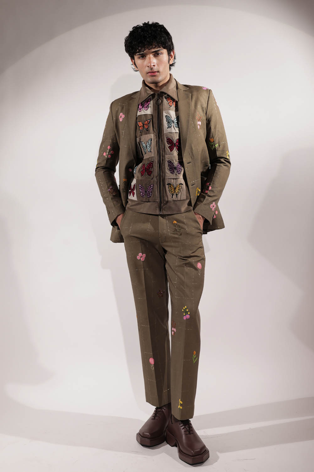 Olive Green Linen Blazer with floral embroidery