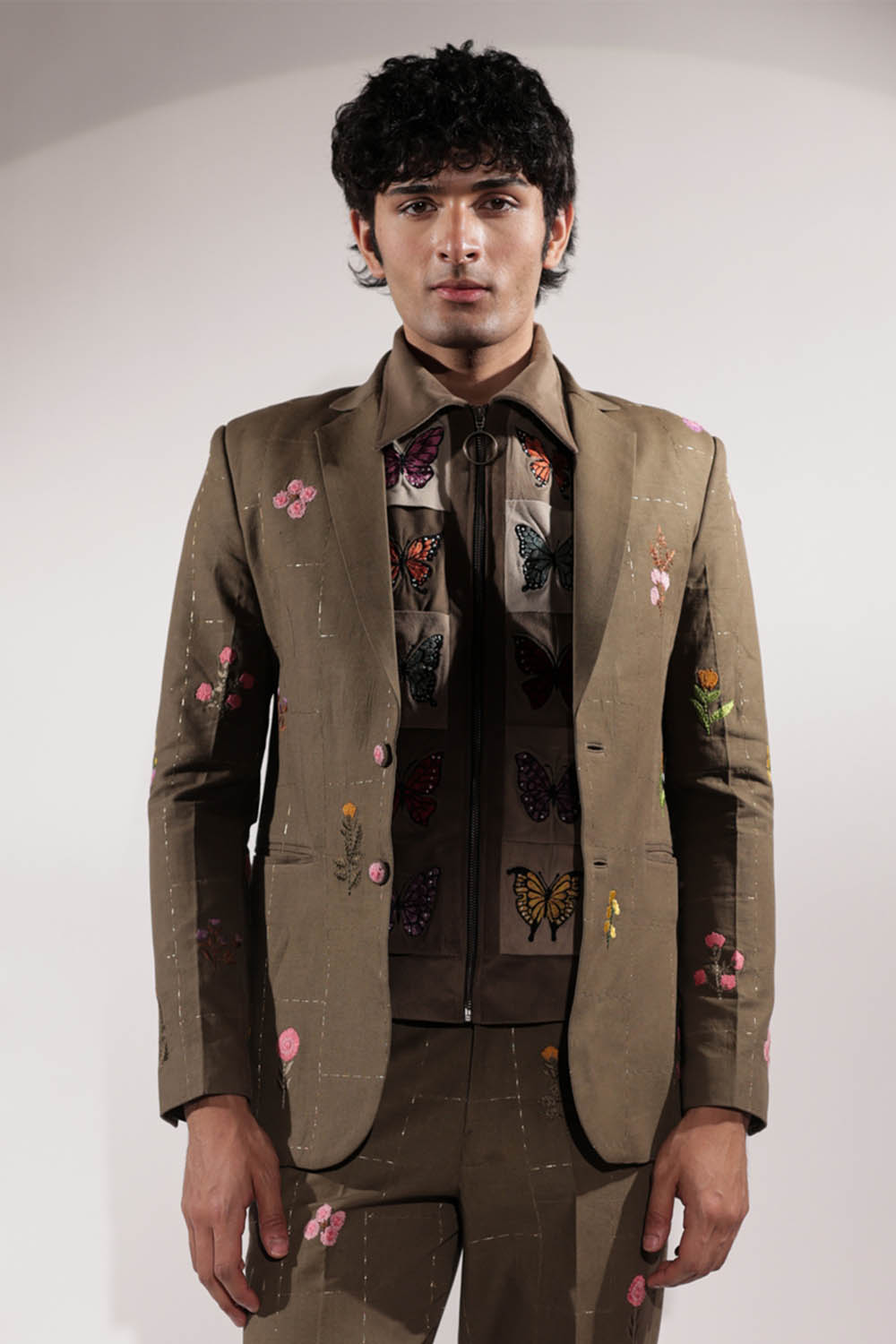 Olive Green Linen Blazer with floral embroidery