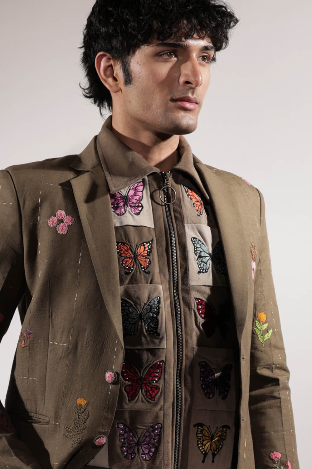 Olive Green Linen Blazer with floral embroidery