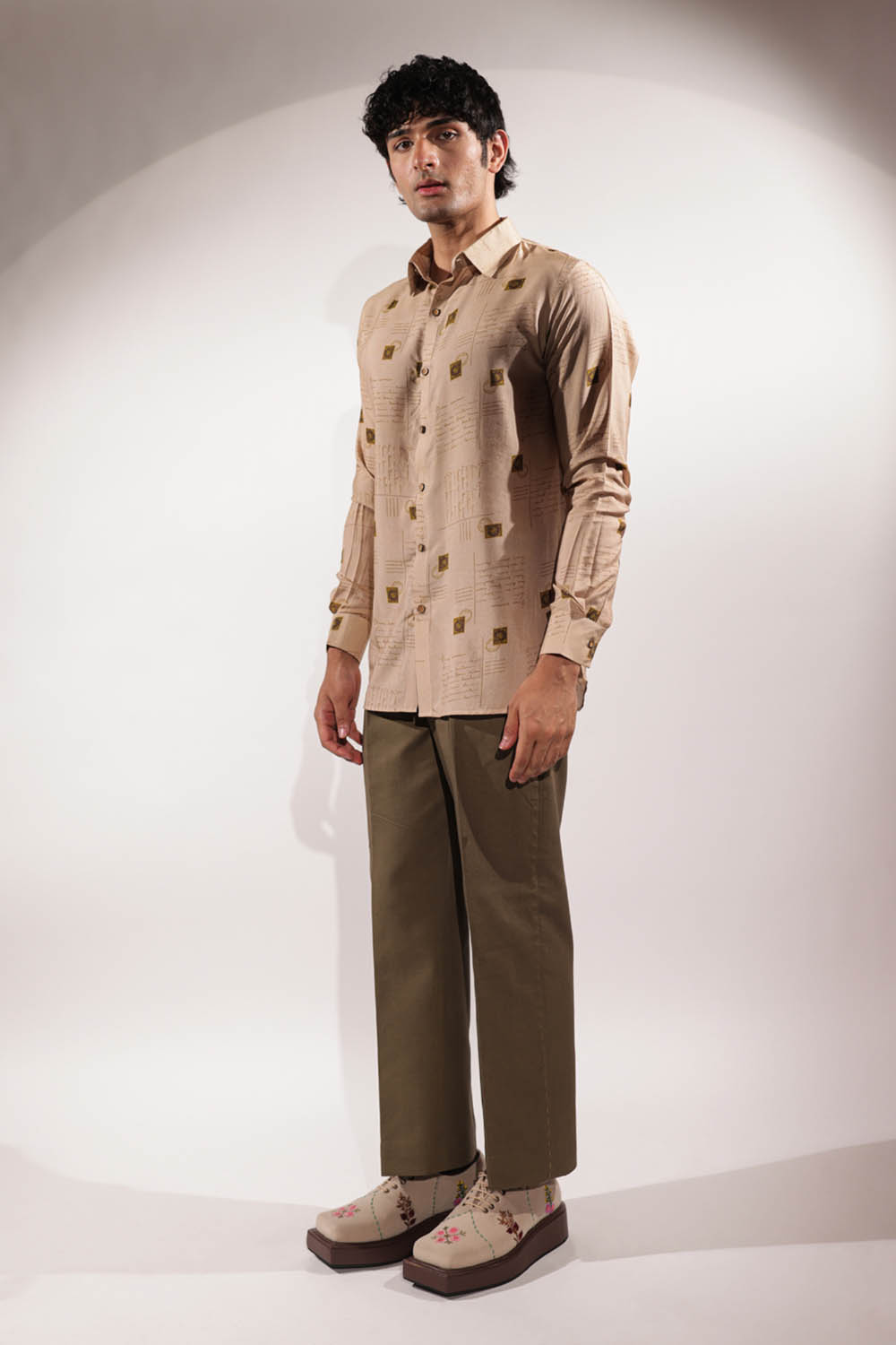 Olive Green Linen Pants with Kantha Embroidery