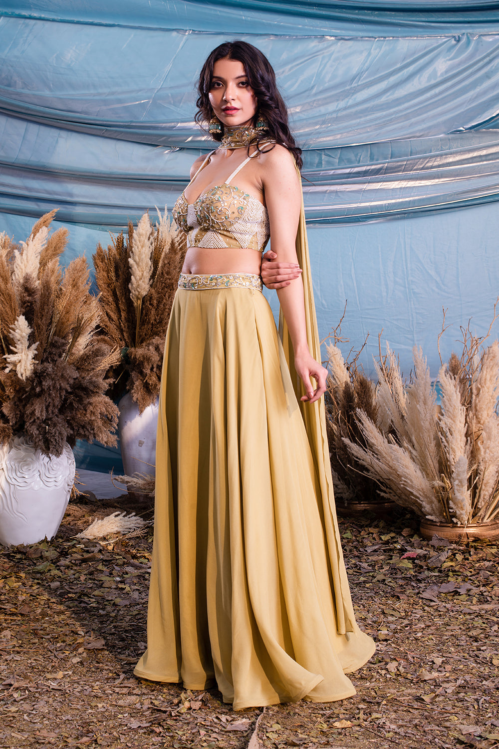 Olive Haze Georgette Skirt With Corset And Dupatta