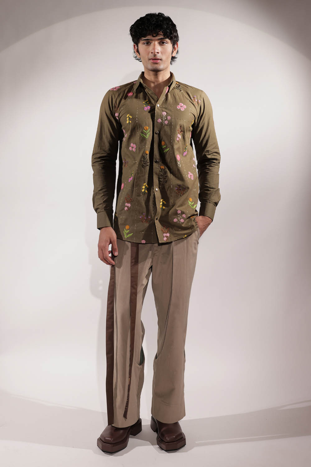 Olive Linen Floral Embroidered Shirt