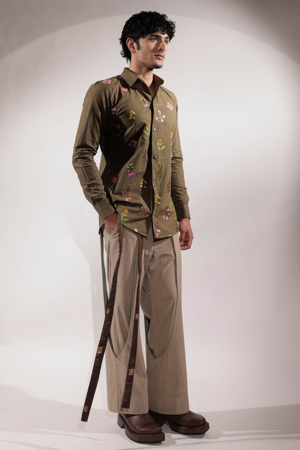 Olive Linen Floral Embroidered Shirt