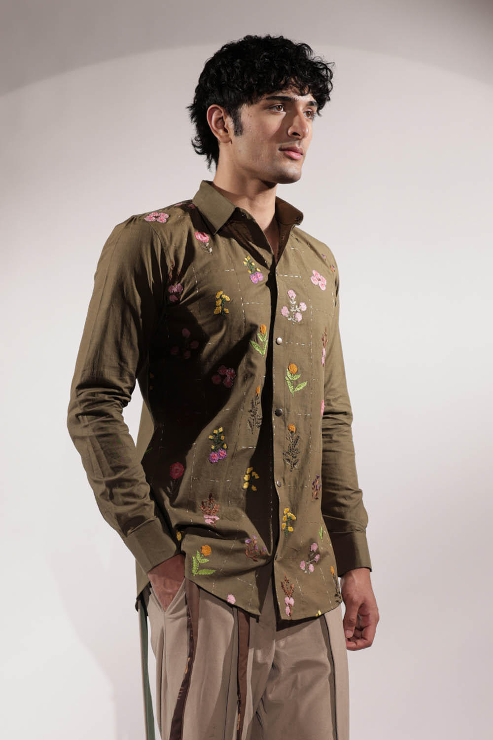 Olive Linen Floral Embroidered Shirt
