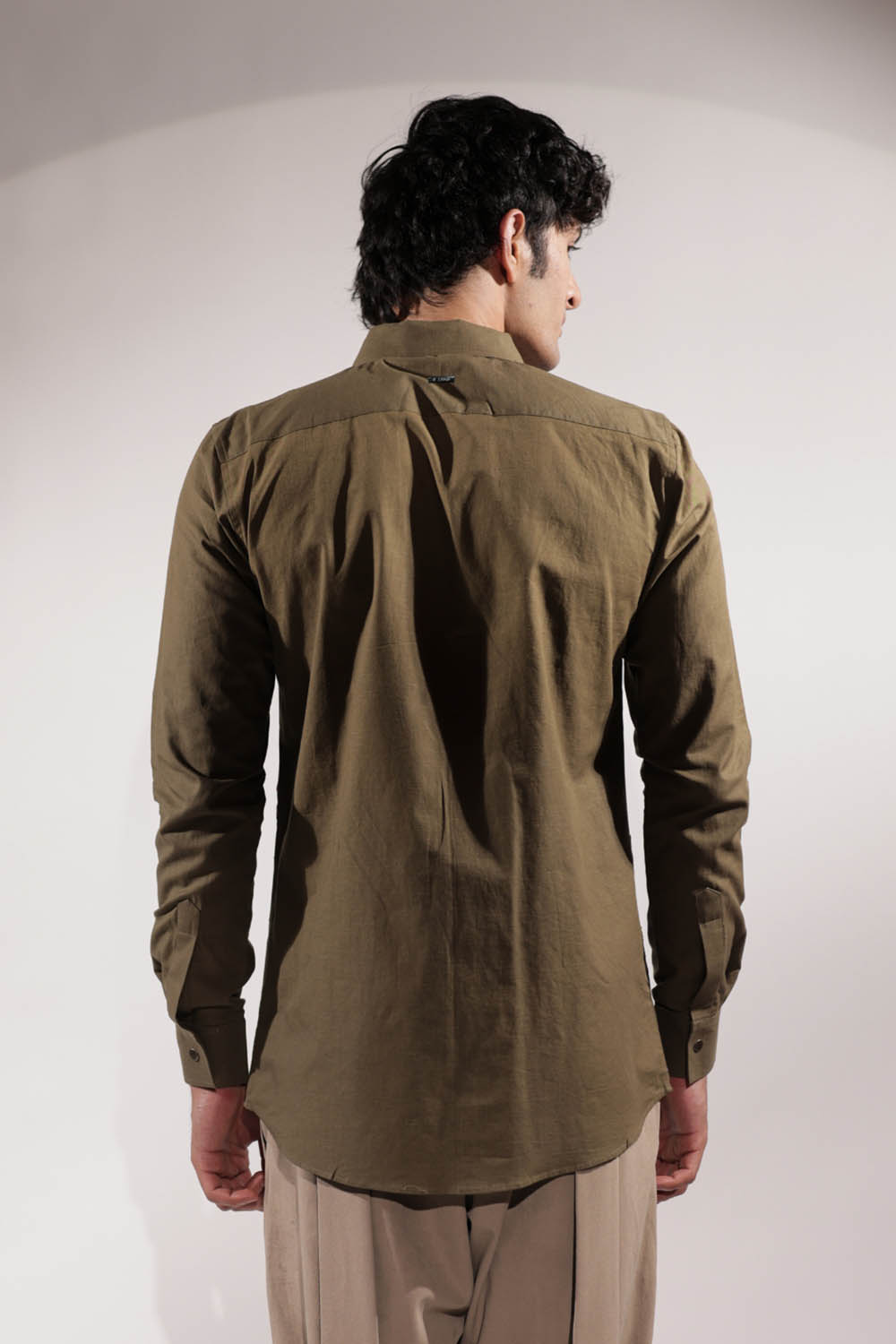 Olive Linen Floral Embroidered Shirt