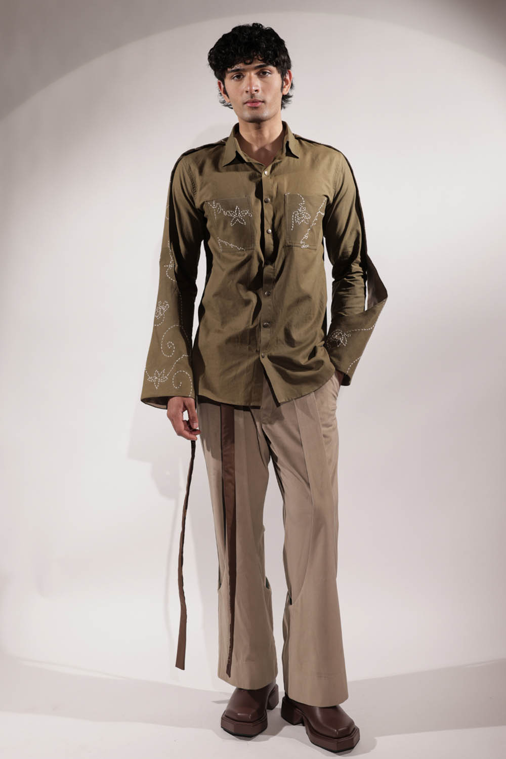 Olive Linen Handwritten Kantha Shirt