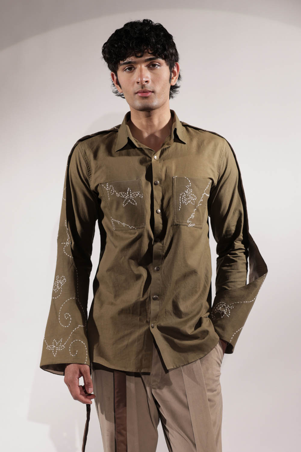 Olive Linen Handwritten Kantha Shirt
