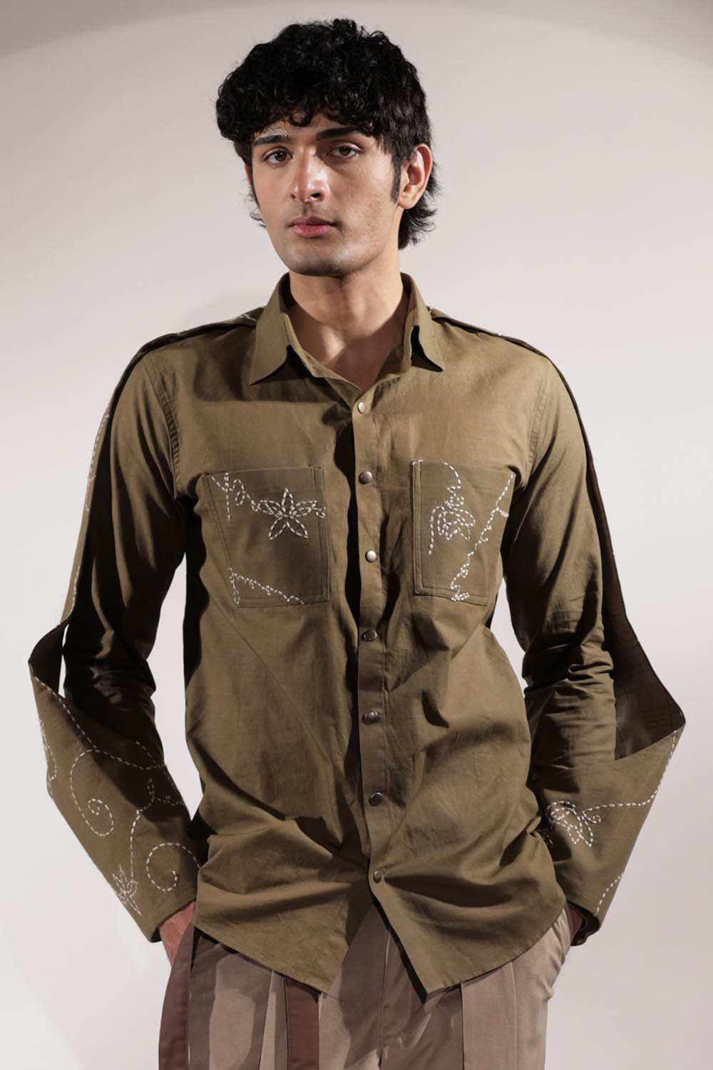 Olive Linen Handwritten Kantha Shirt